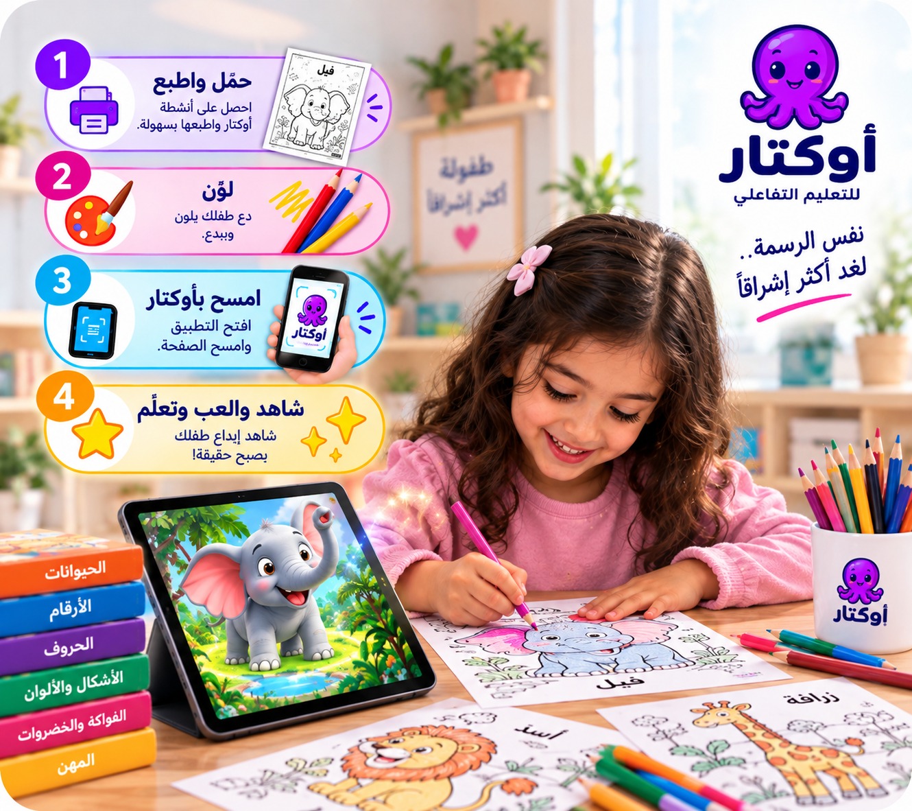 طفل يلوّن رسمة أسد ويشاهدها تنبض بالحياة داخل تطبيق أوكتار