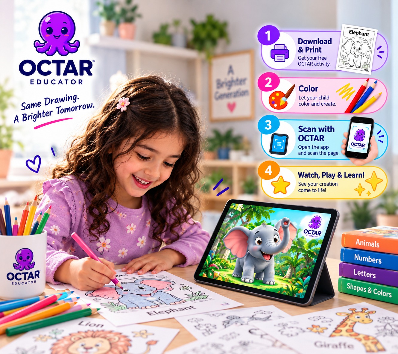 A child coloring a lion page and watching it come to life in the OCTAR app